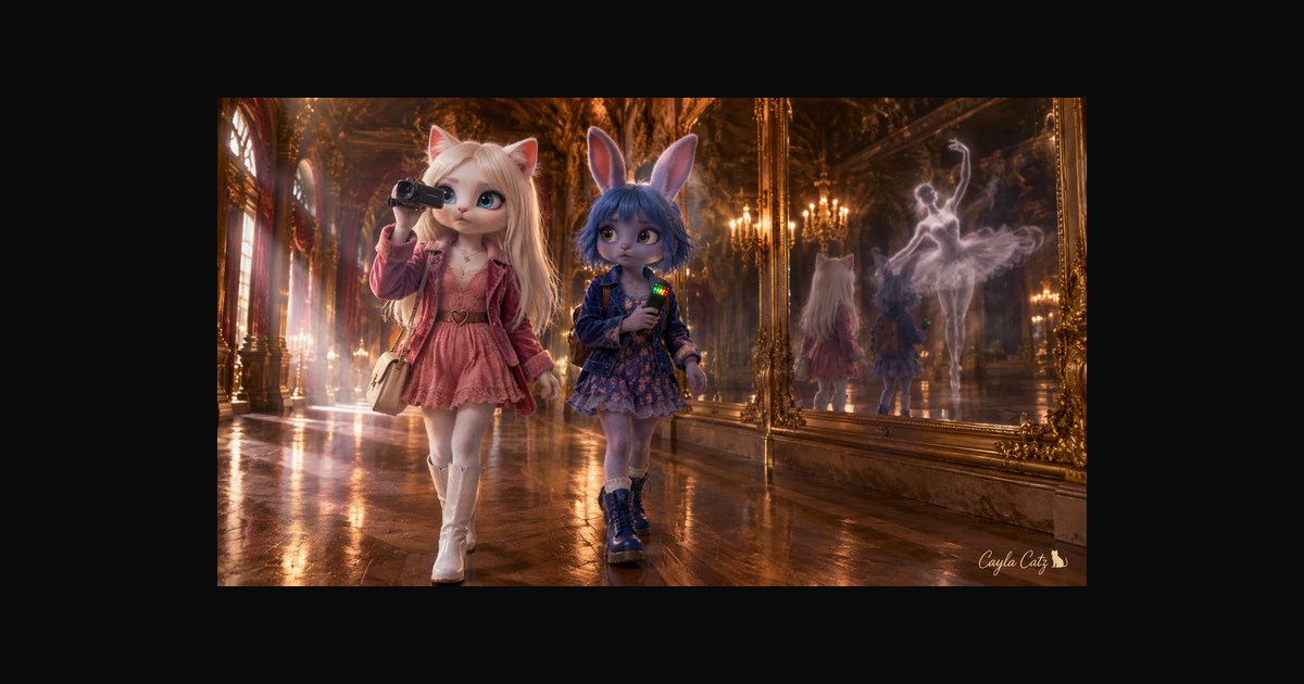 Anthropomorphic cat and rabbit explore an ornate palace hall — AI art ...