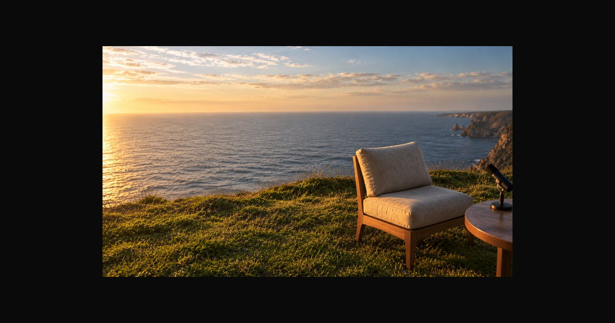 Plush wooden armchair sits on a grassy coastal clifftop overlooking ...