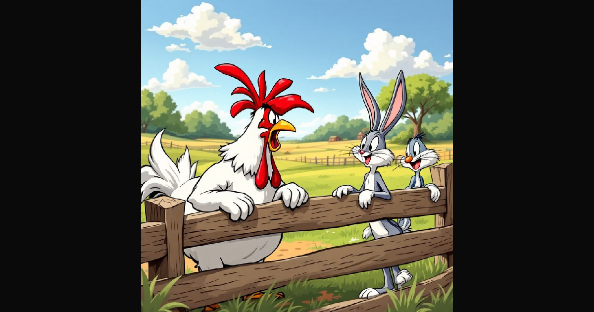 A colorful, animated farm scene showing a bold whi | justrob on BudgetPixel