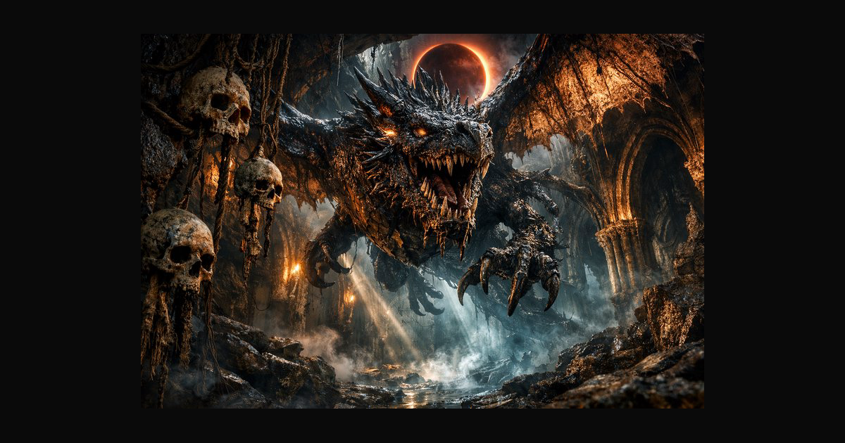 A dark fantasy scene features a colossal dragon in | chris70 on BudgetPixel