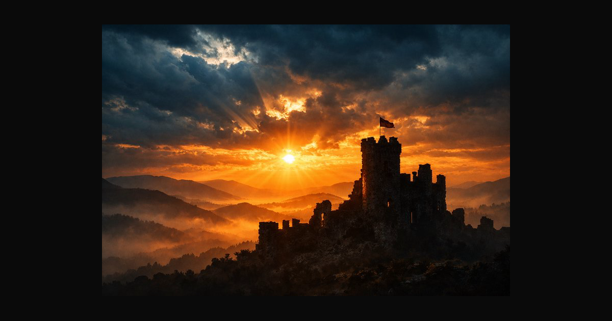 A dramatic sunset over a medieval castle ruin perc | chris70 on BudgetPixel