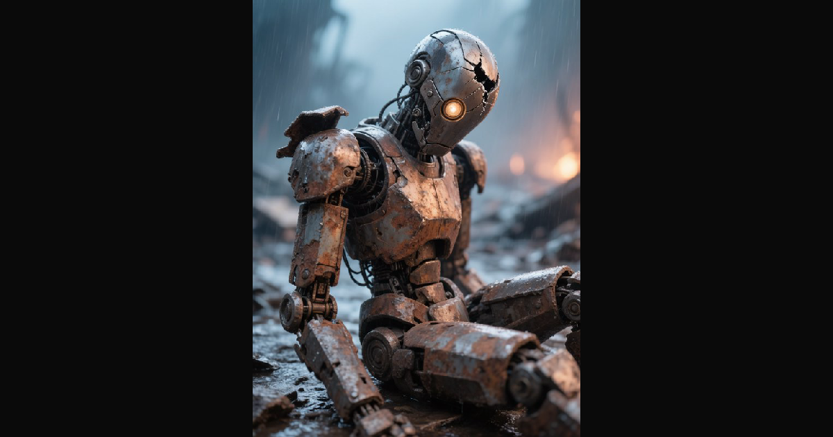 A post-apocalyptic, rusted humanoid robot rests am | King on ...