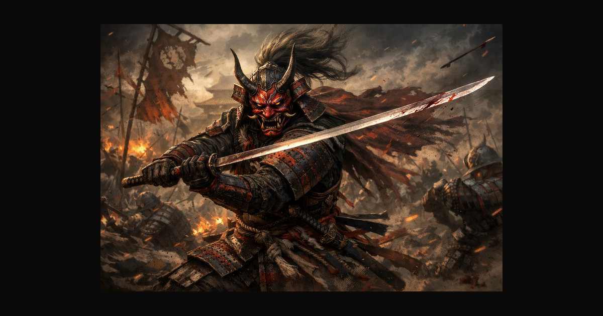 A ferocious horned demon samurai in heavy armor ch | TheBard on BudgetPixel
