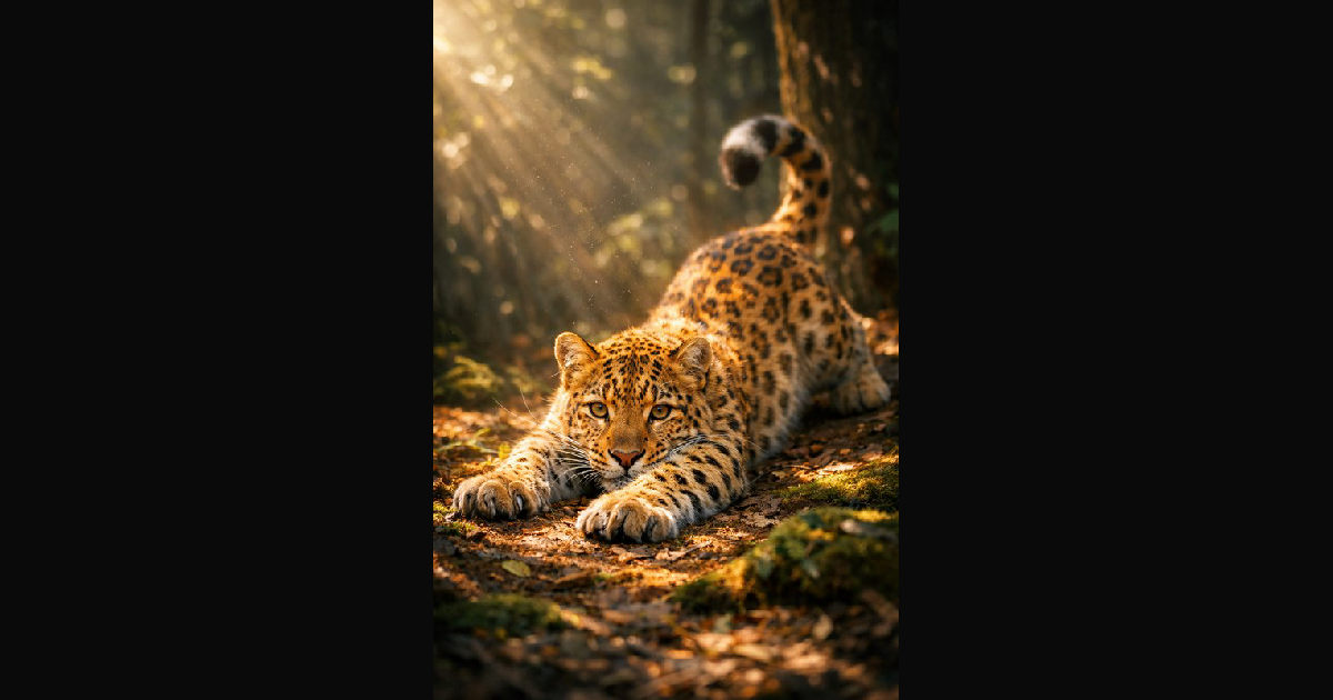 A majestic leopard lies stretched on the forest fl | TesaranJ on ...