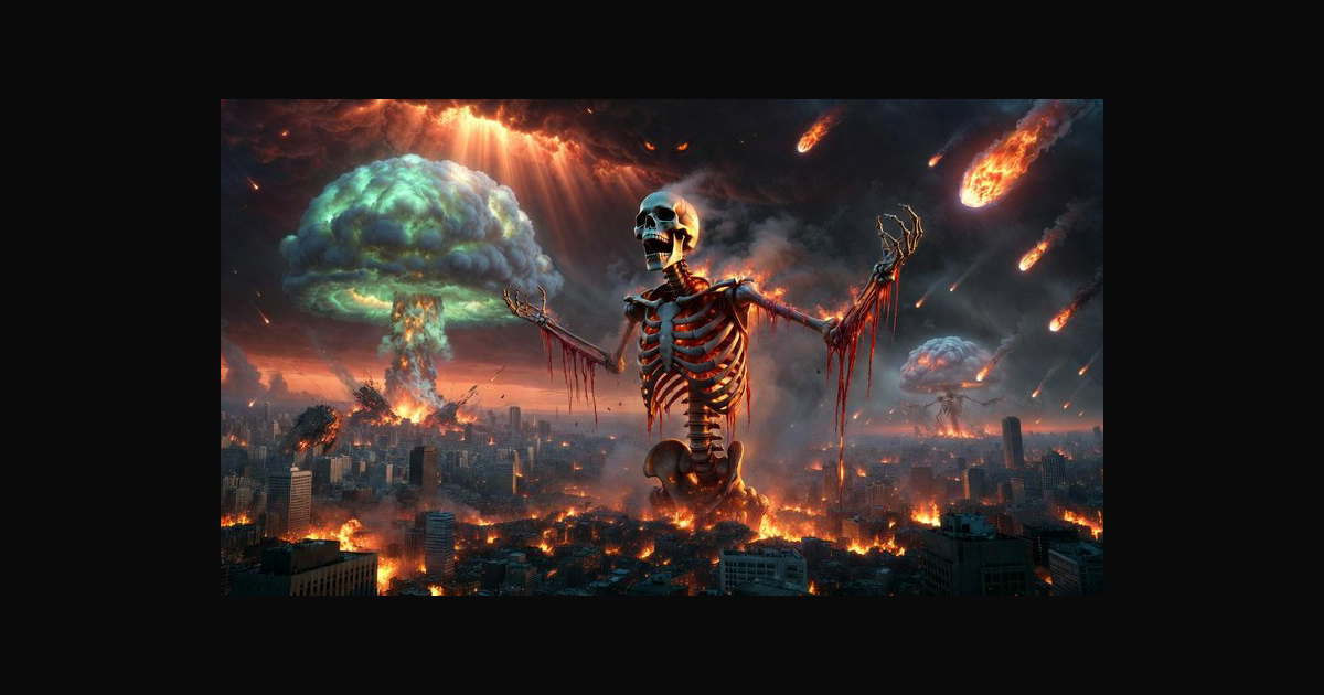 A towering skeletal monster looms above a devastat | _clasher_x on ...