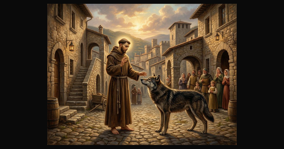 A devout monk with a halo gently blesses a wolf in | Troxley on ...