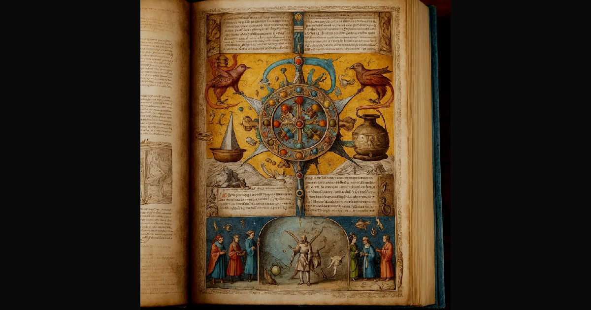 A richly colored open manuscript features a detail | antares on ...