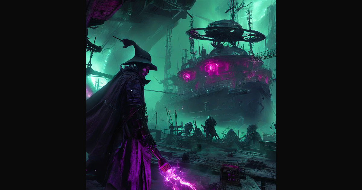 A dark, sci-fi fantasy scene featuring a cloaked w | nametaker on ...