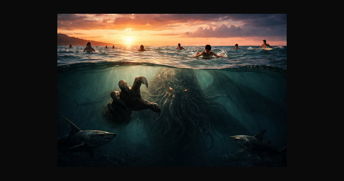 A dramatic ocean horror scene shows a colossal und | TheBard on BudgetPixel