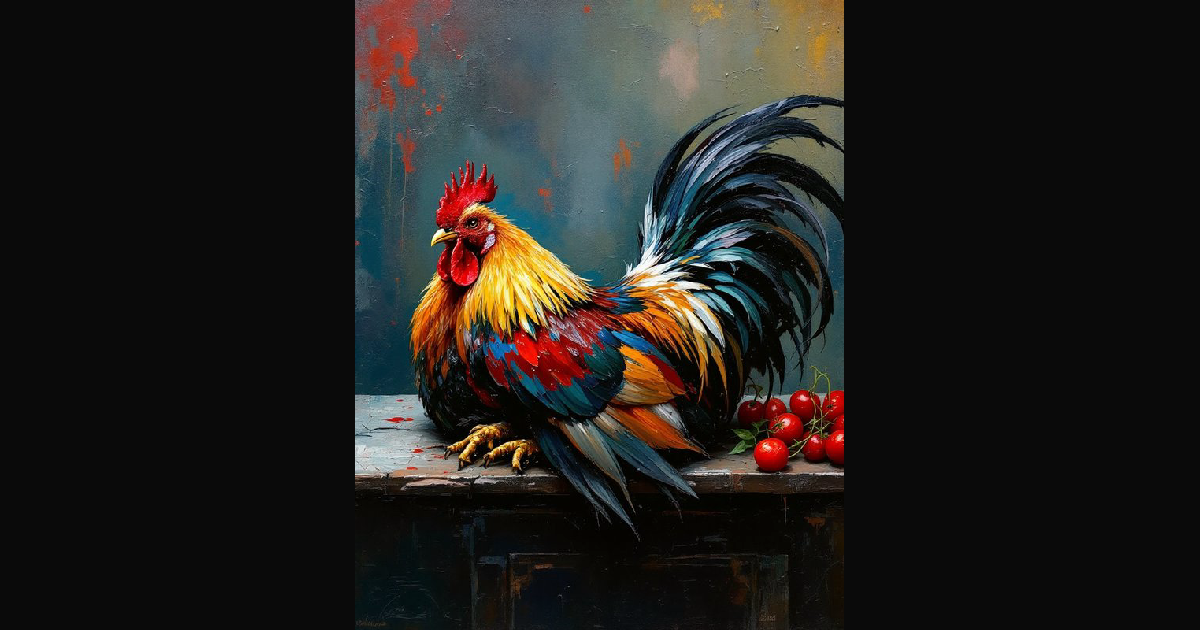 A vibrant, painterly rooster artwork featuring exp | justrob on BudgetPixel
