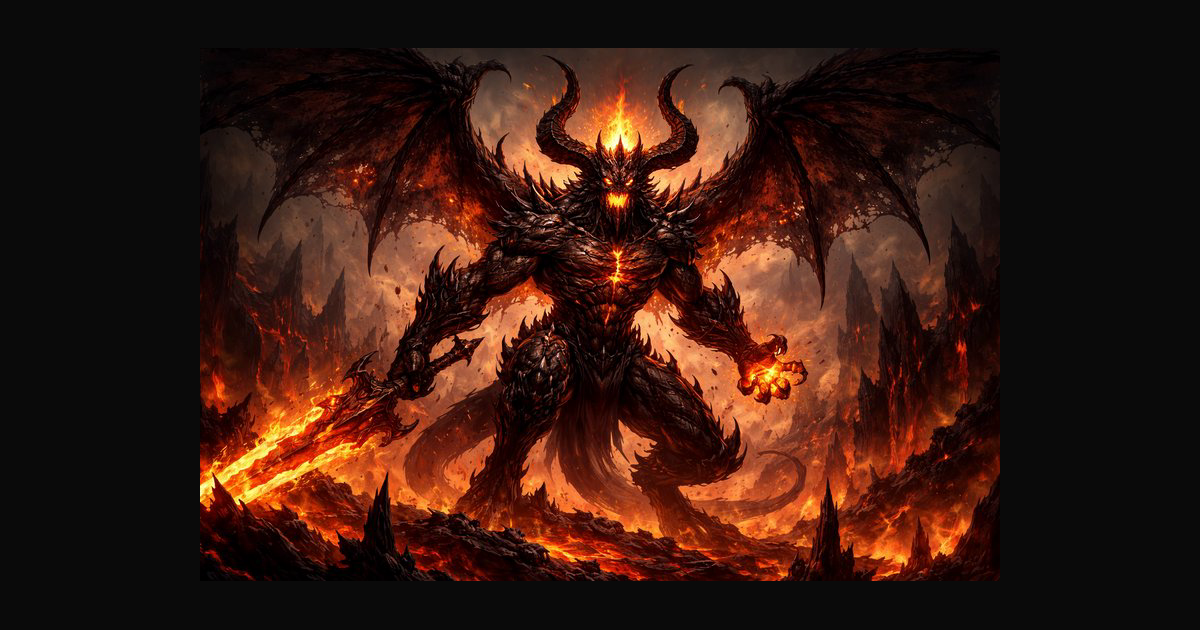 A colossal dark fantasy demon stands amid a blazin | TheBard on BudgetPixel