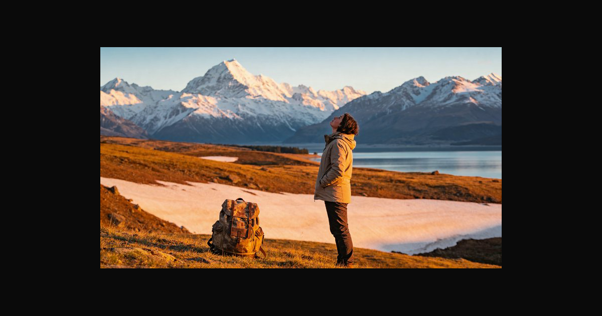 A serene alpine landscape featuring a hiker in a t | DavidP on ...