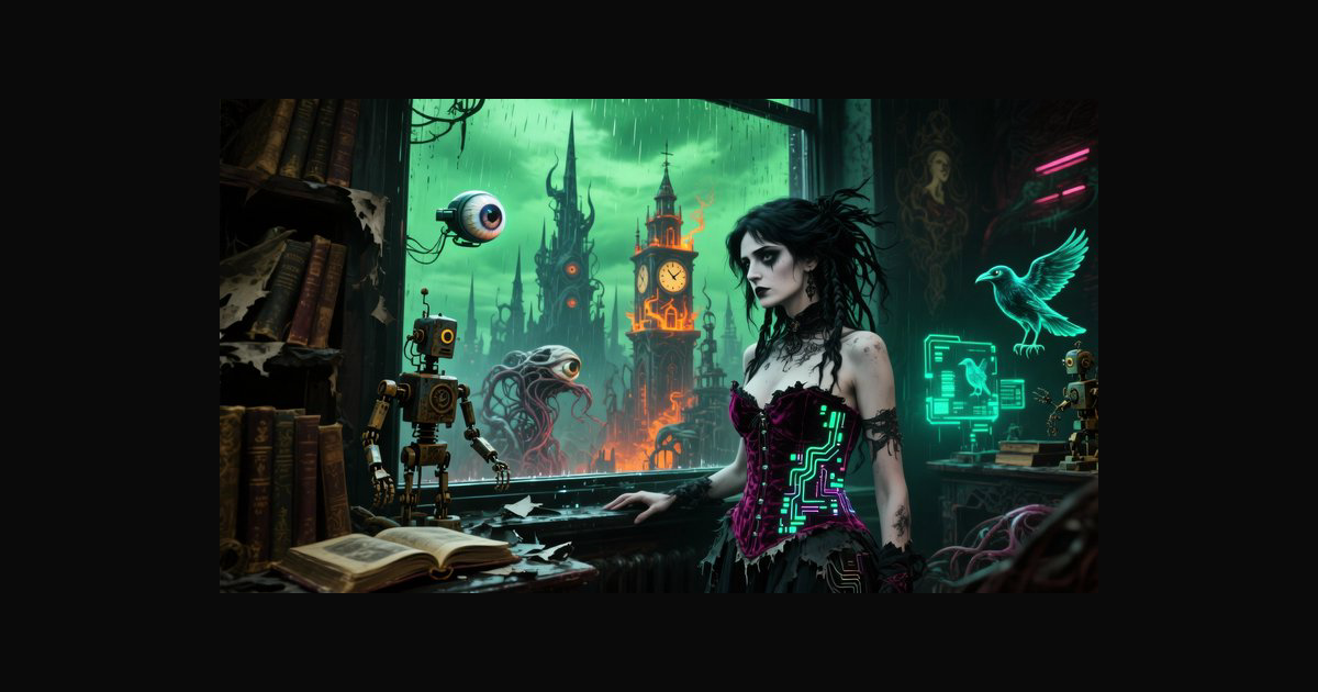A dark fantasy scene featuring a gothic woman in a | CaylaCatz on ...