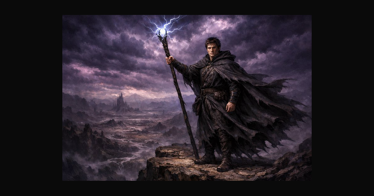 Epic fantasy scene of a lone wizard clutching a gn | panos on BudgetPixel