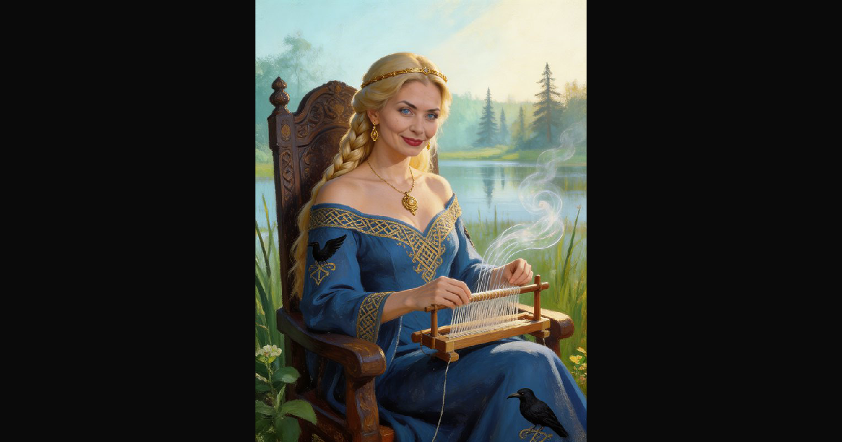 A regal blonde woman in an ornate blue gown with g | standartis on ...