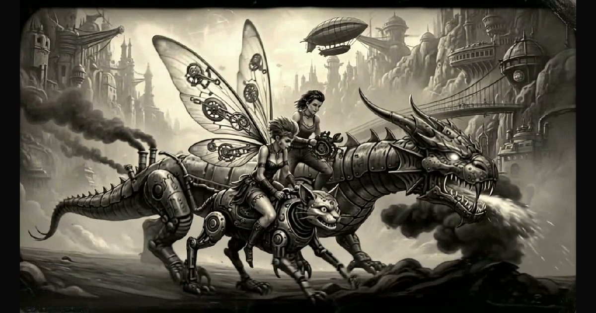 A vivid steampunk fantasy scene featuring a large | CaylaCatz on ...