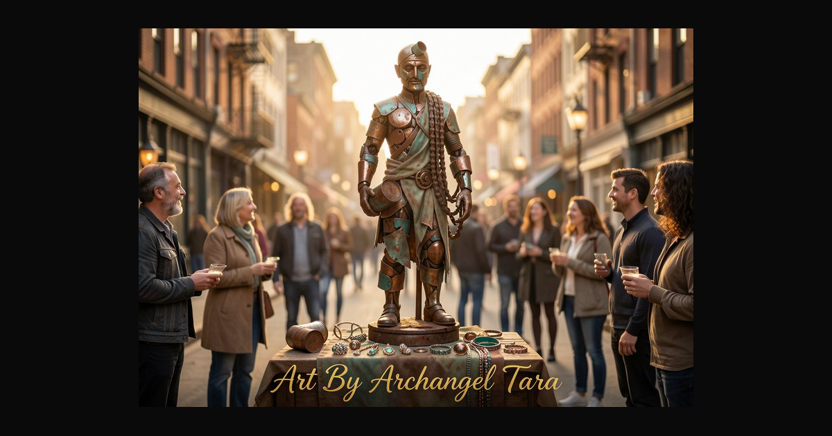 A bronze warrior statue stands on a pedestal in th | archangeltara on ...