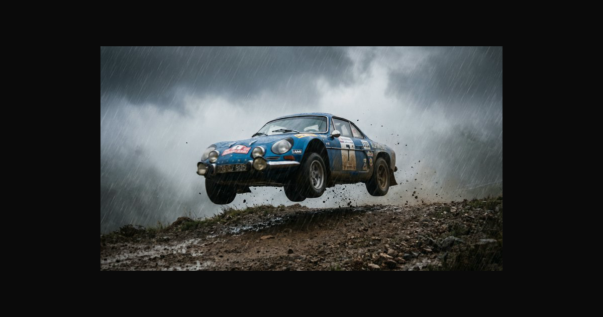 A blue classic rally car soars off a dirt ramp ami | thedarkrider on ...