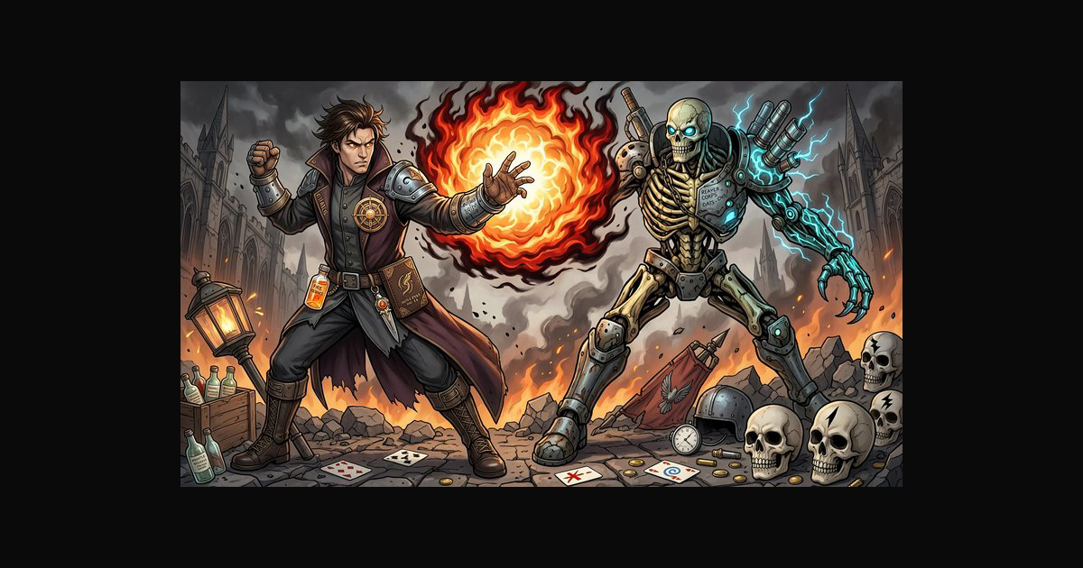 A dramatic fantasy duel unfolds between a fiery ma | DavidP on BudgetPixel