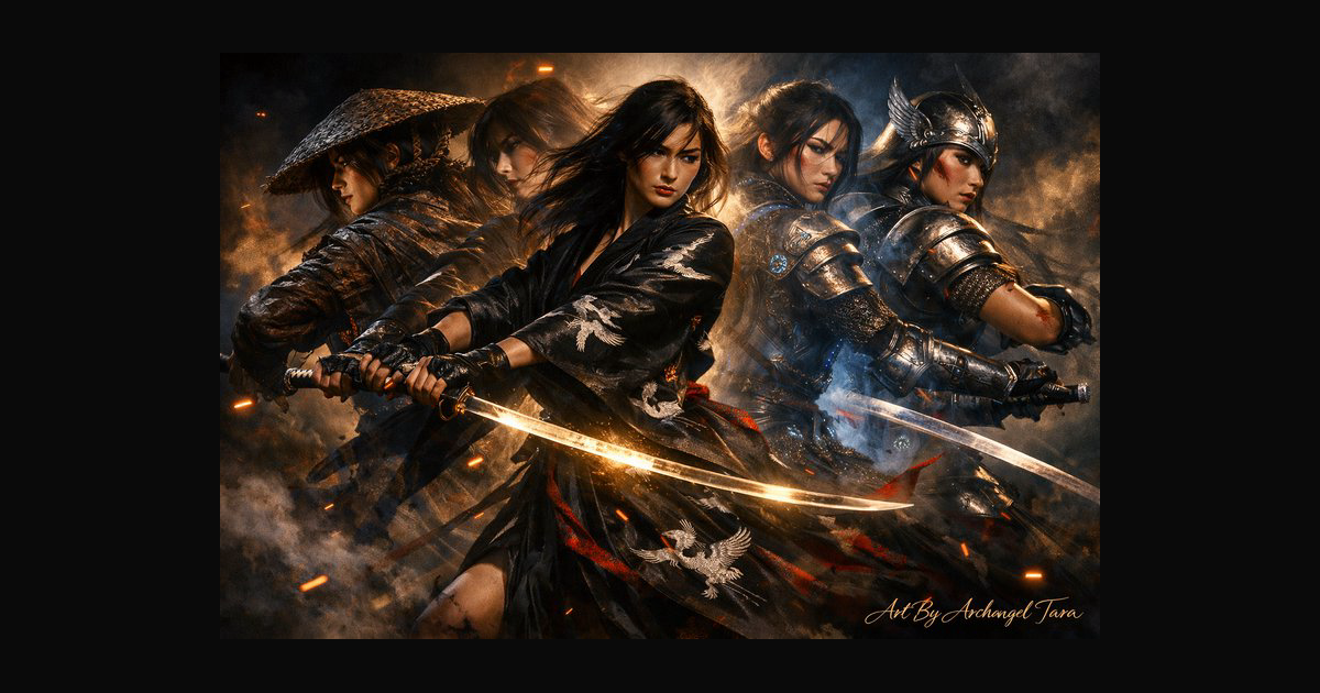 A cinematic fantasy scene featuring four fearless | archangeltara on ...