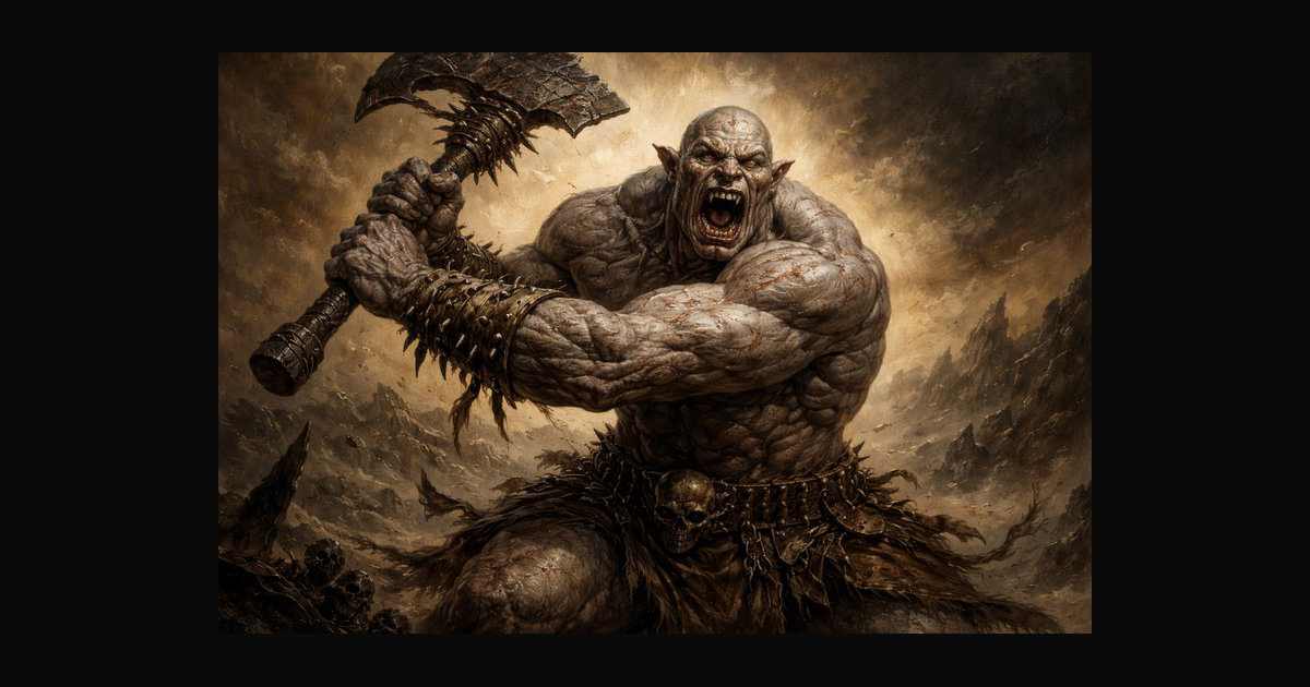 A dramatic fantasy illustration of a colossal orc | Unleashed on ...