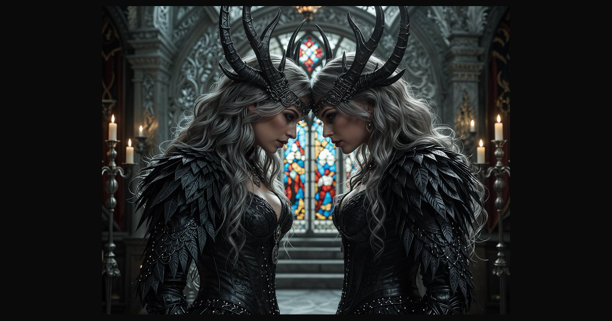 A dramatic dark fantasy scene featuring two twin-l | jmn on BudgetPixel