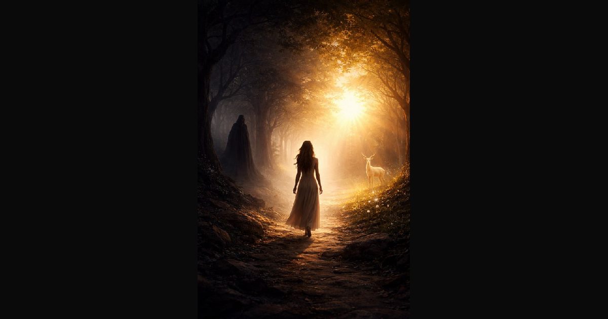 A dreamy fantasy forest scene shows a woman in a f | TesaranJ on ...