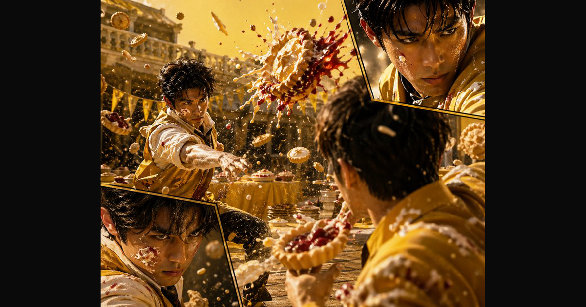 A cinematic, pie-throwing food fight scene featuri | bleepunc on ...