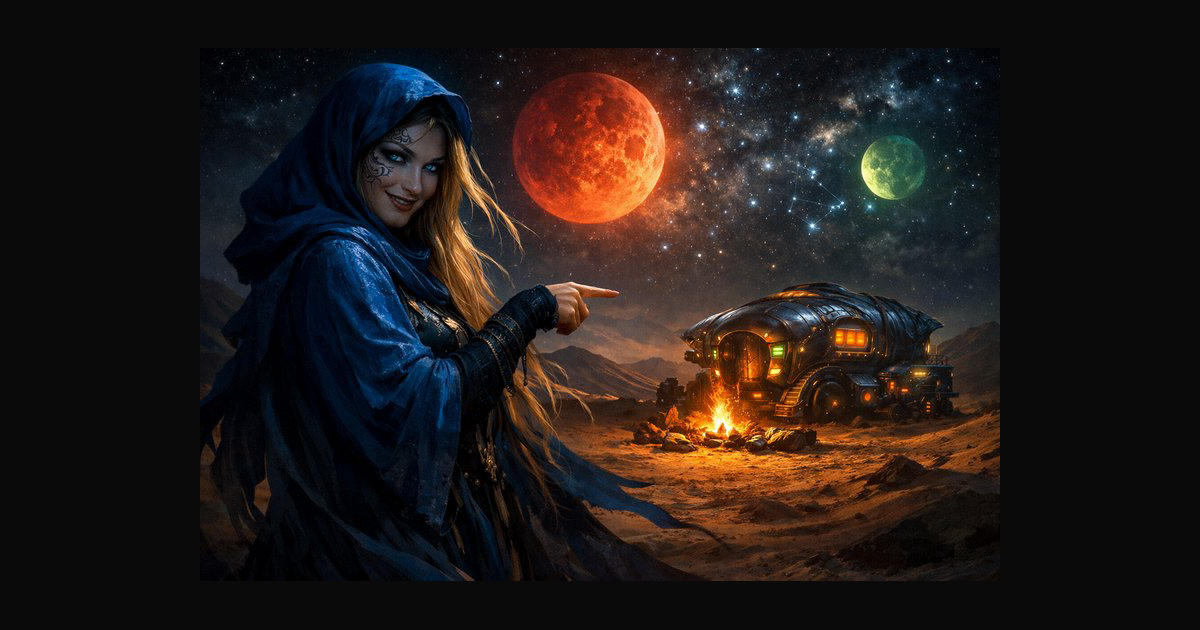 A fantasy sci-fi scene featuring a cloaked woman o | panos on ...