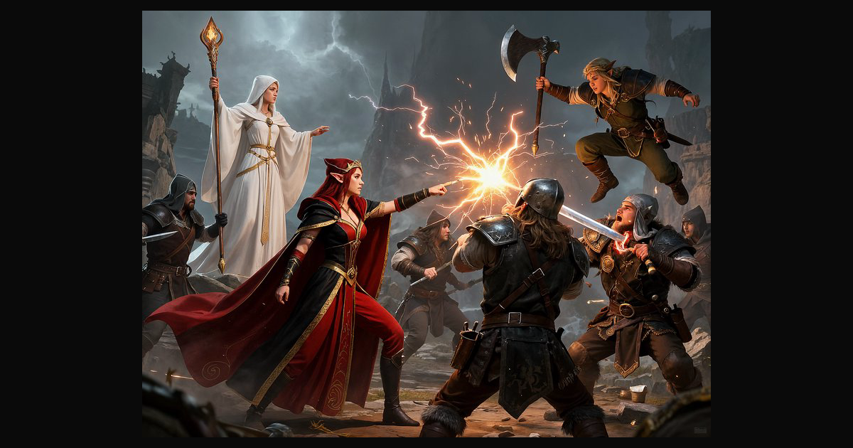 A cinematic high-fantasy battle scene featuring a | sonny001 on ...
