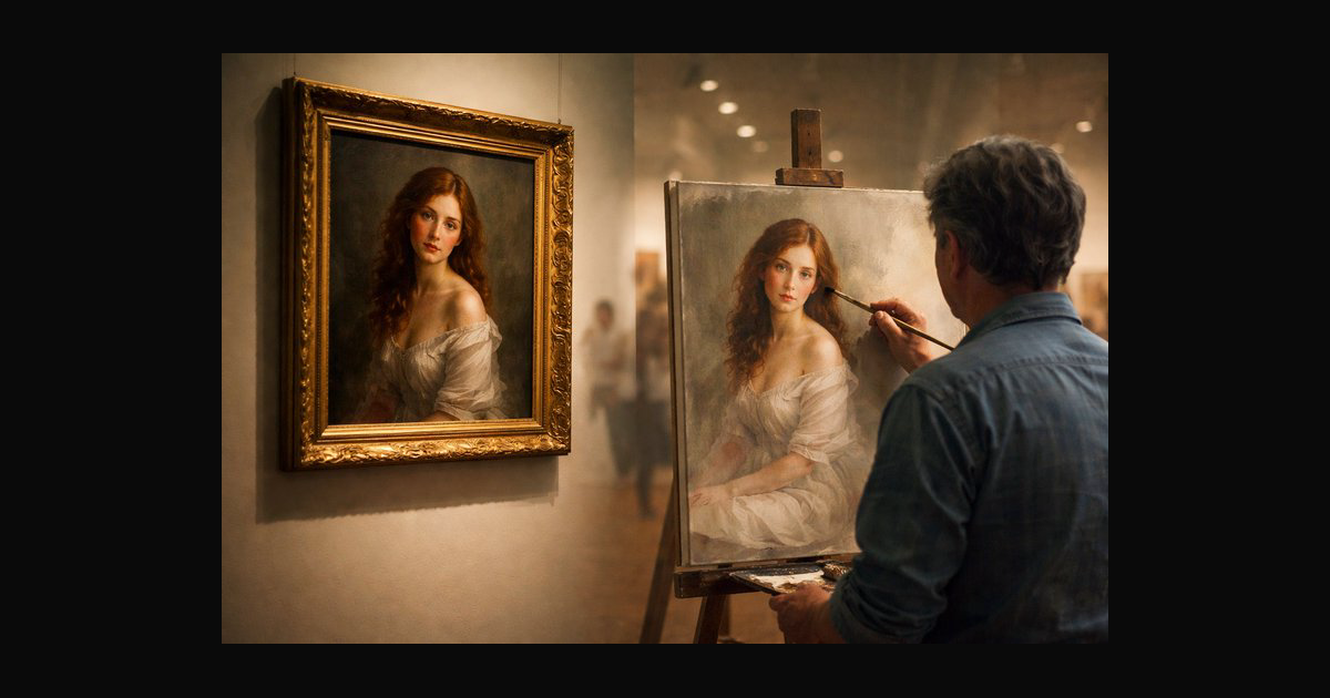 A skilled artist works at an easel in a warm galle | DavidP on BudgetPixel