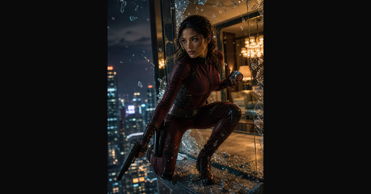 A dynamic action shot of a female protagonist in a | vrieming on ...