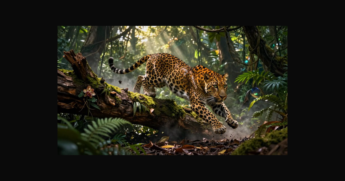 A dynamic jungle scene shows a leopard mid-leap fr | paulie on BudgetPixel