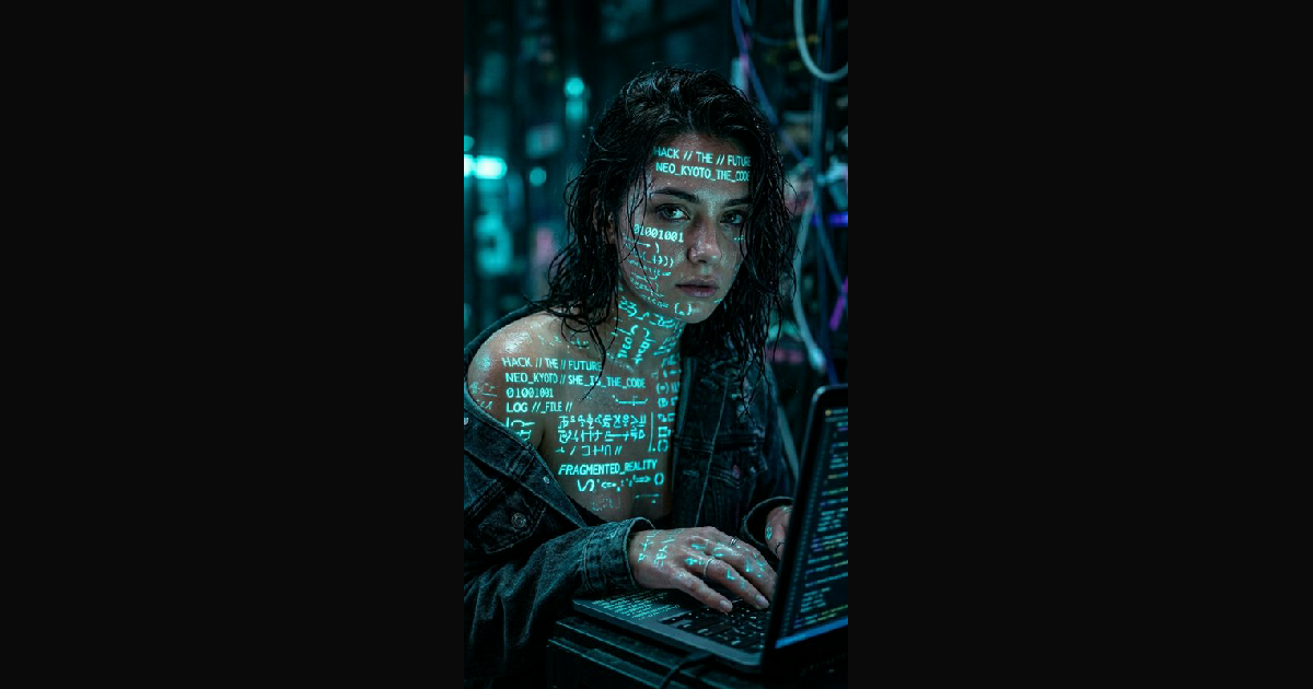 A cyberpunk-inspired scene featuring a female hack | colab on BudgetPixel