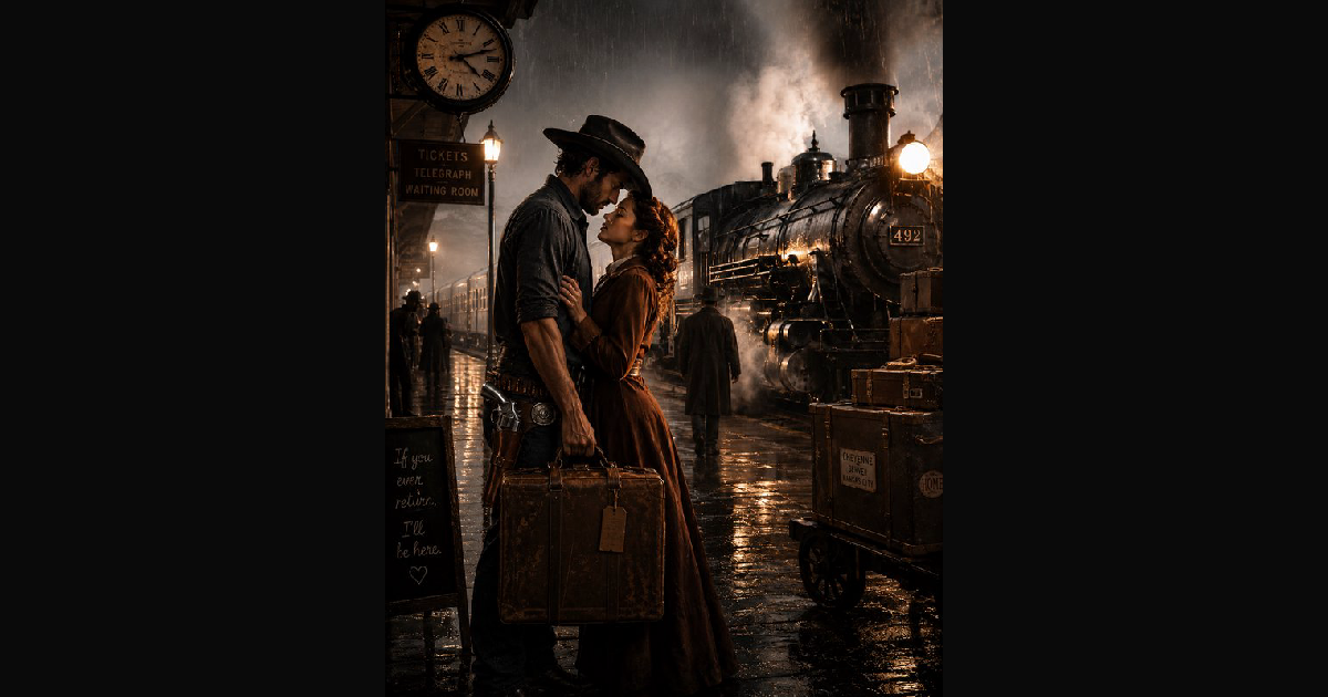 A moody, cinematic scene set at a historic train s | teleb on BudgetPixel