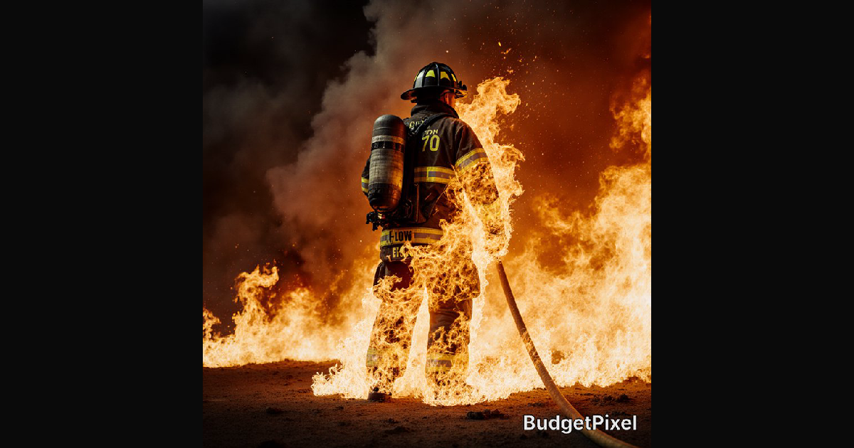A dramatic fire scene shows a professional firefig | thedarkrider on ...