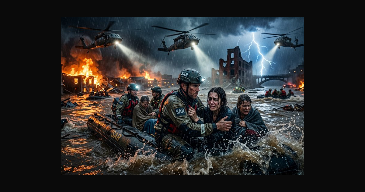 A cinematic disaster-rescue scene shows a frontlin | uso99 on BudgetPixel