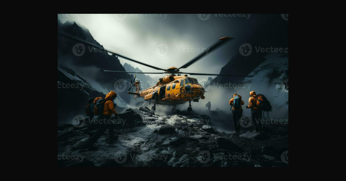 A dramatic alpine rescue scene shows a bright yell | sodium on BudgetPixel