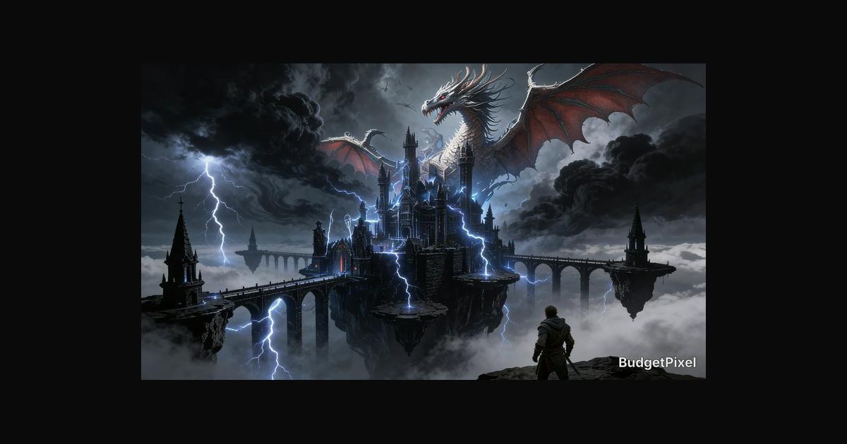 A dark fantasy scene featuring a colossal dragon h | luxumbra on ...
