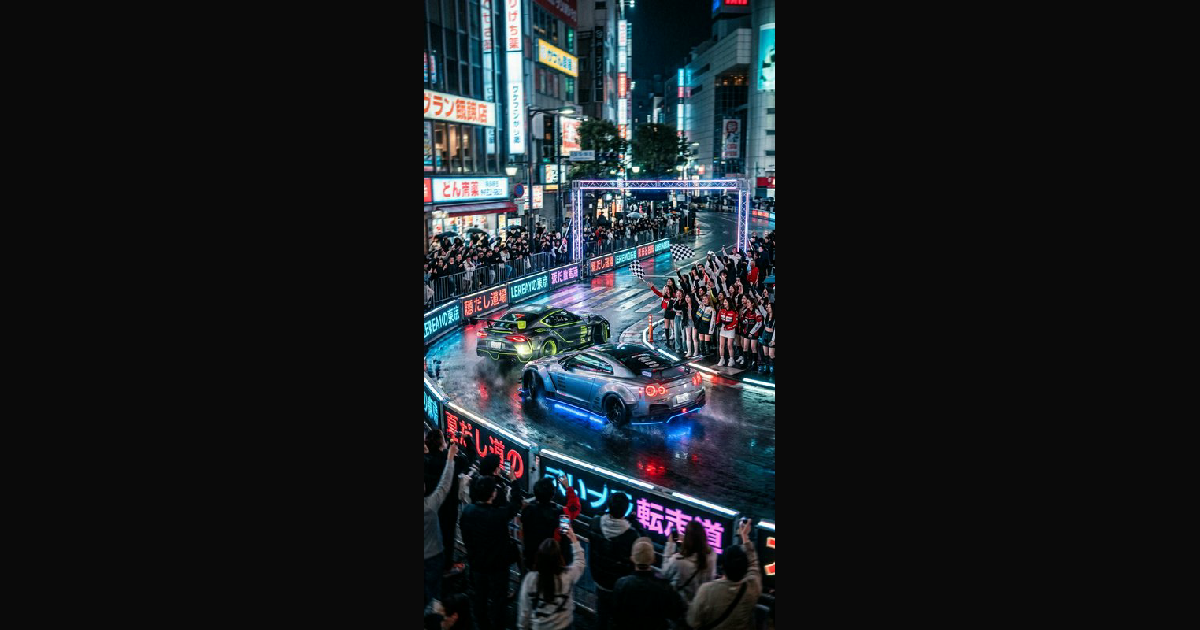 A neon-lit urban street race unfolds at night, wit | colab on BudgetPixel