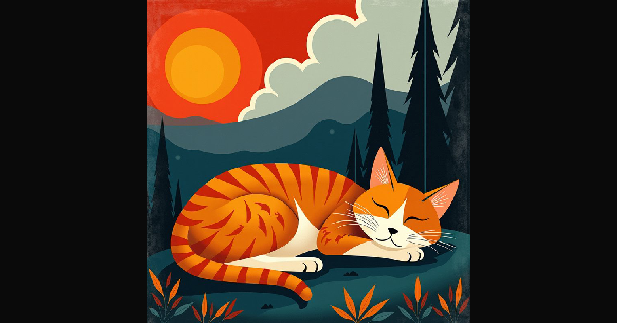 A cozy, stylized illustration of an orange tabby c | cocoayoc on ...