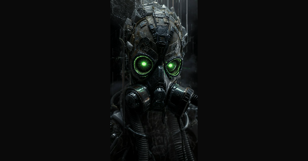 Close-up of a dark, rugged gas mask with glowing green eyes — AI art by ...