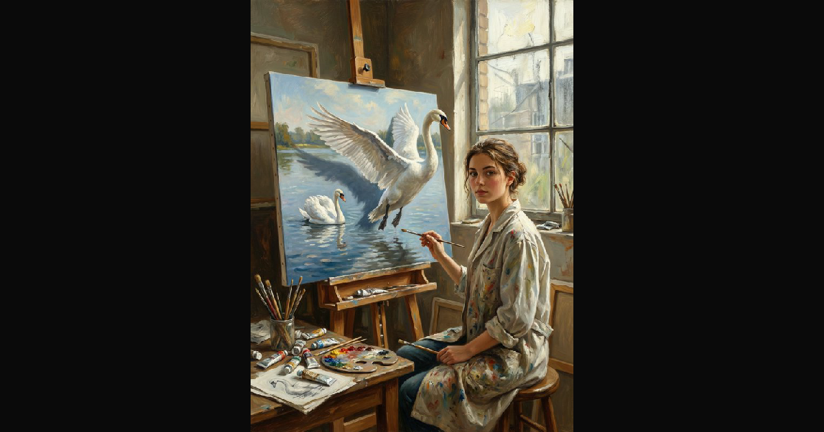 A young woman in a paint-splattered smock sits at | Helen_h01 on ...