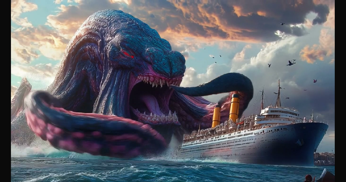 A dramatic fantasy scene shows a colossal sea crea | MyAiWorld on ...