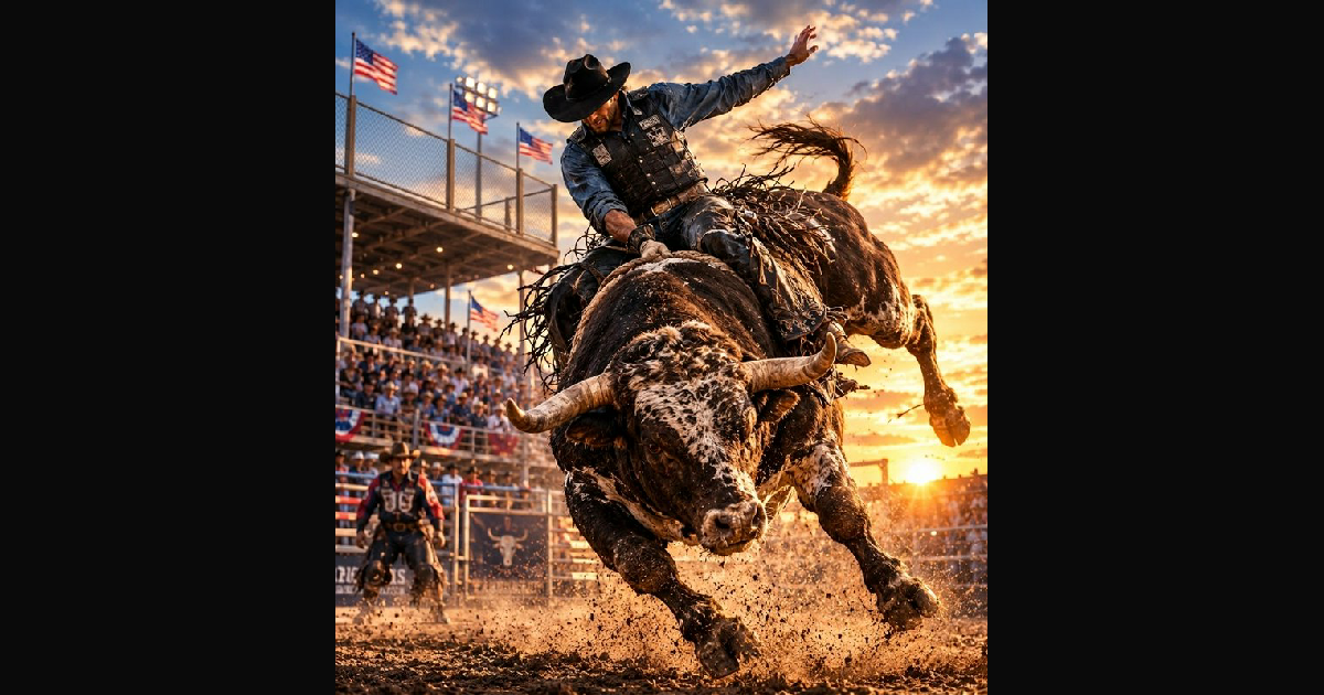 Bull rider balances on a bucking bull — AI art by @vrieming | BudgetPixel