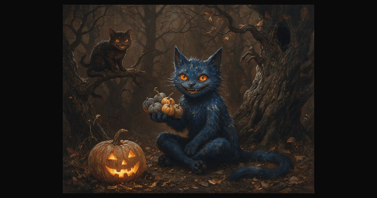 Grinning blue furry cat holds tiny pumpkins — AI art by @justrob ...
