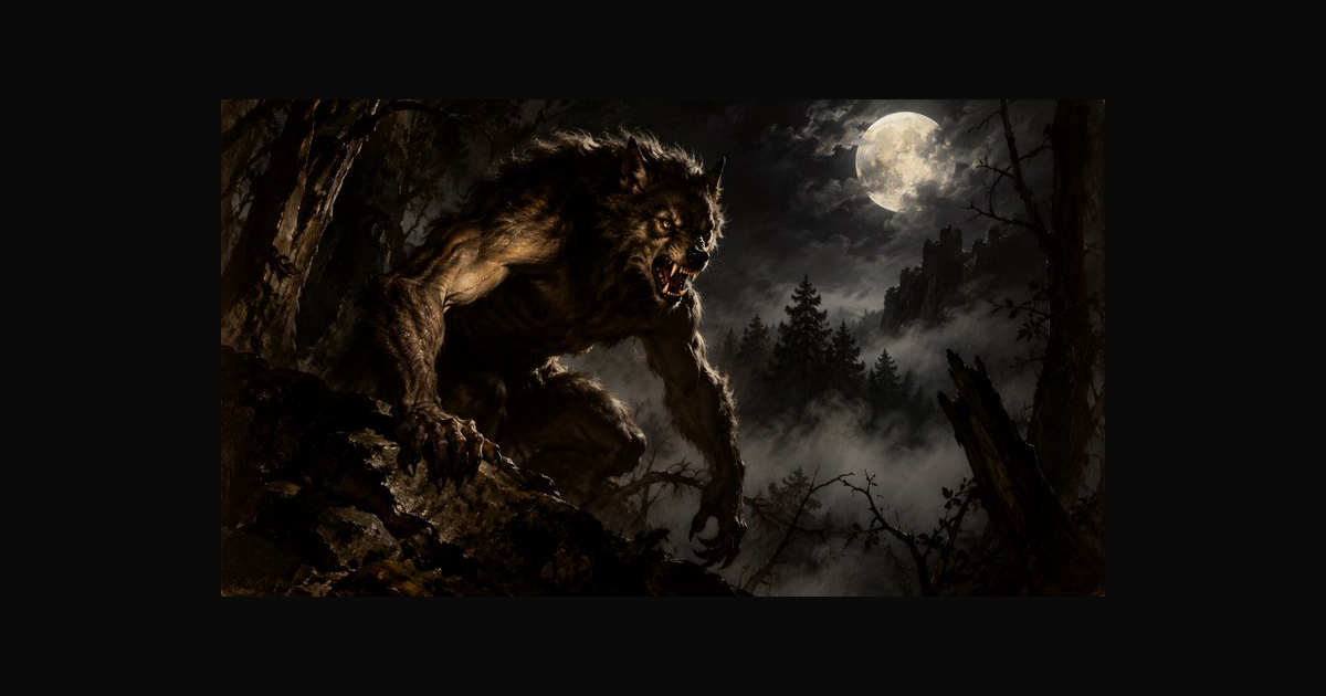 Snarling muscular werewolf crouched on a rocky ledge — AI art by ...
