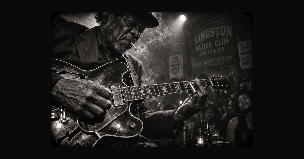 Elderly blues musician playing slide guitar on stage — AI art by ...