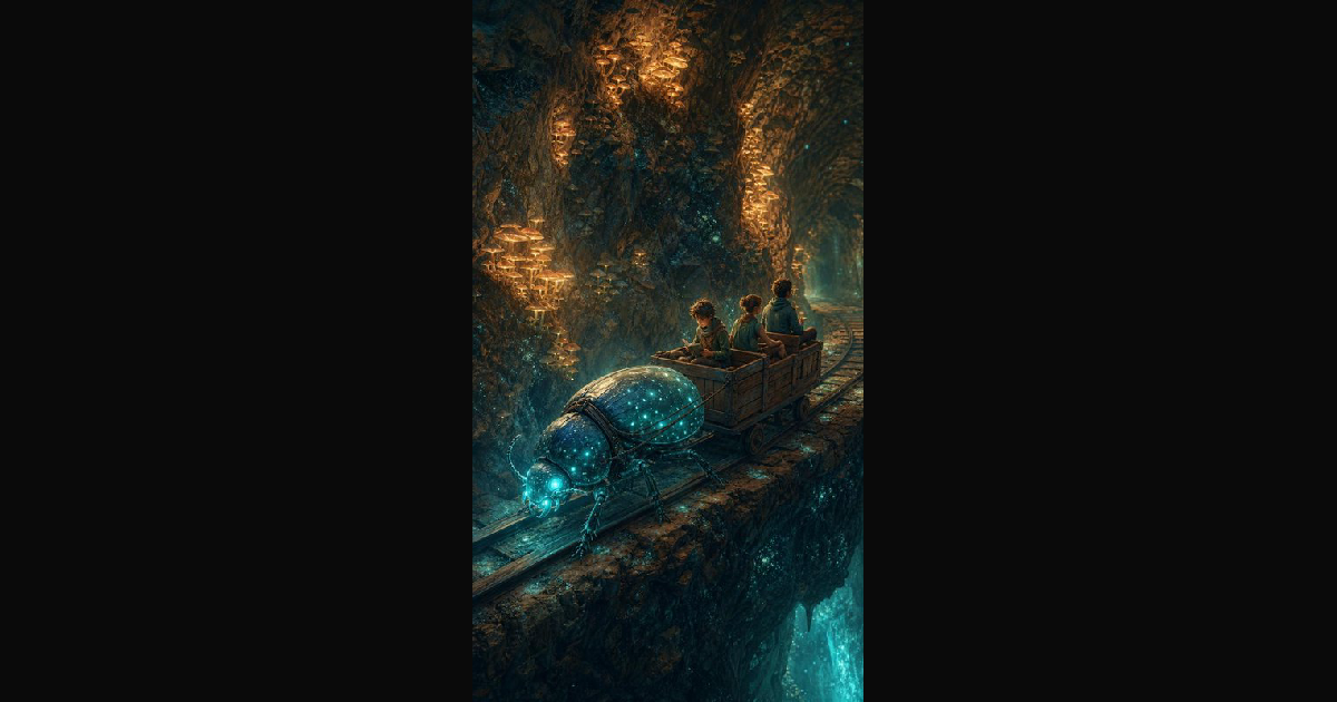 Giant glowing beetle pulls a cart of travelers — AI art by @BloodRaiNxp ...