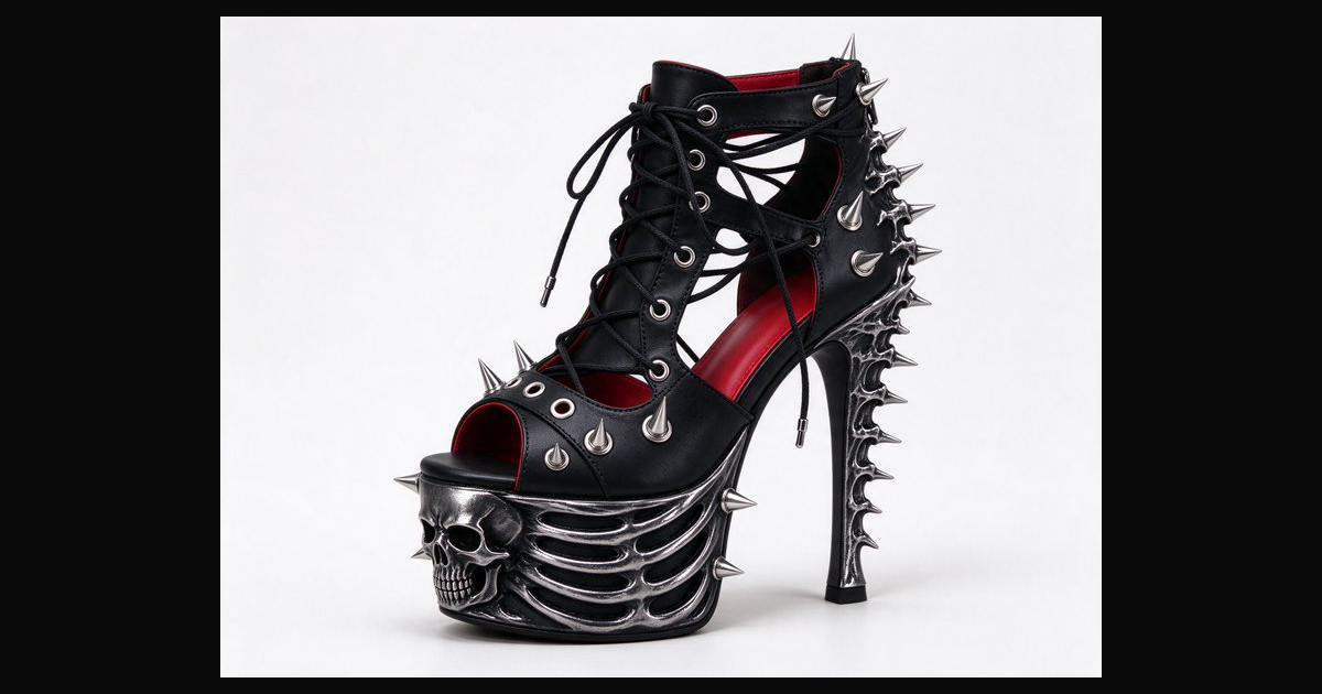 Spiked gothic platform stiletto with silver skull detailing — AI art by ...